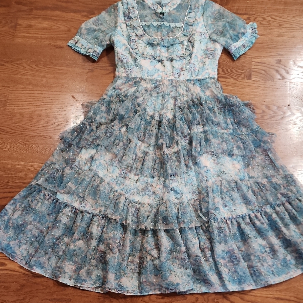 ' Blue Floral Ruffle Dress Owl Print